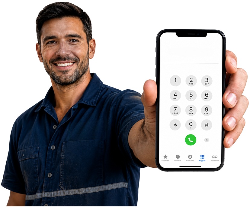 Enfield Blocked Drains plumber holding a phone — call 1300 261 965