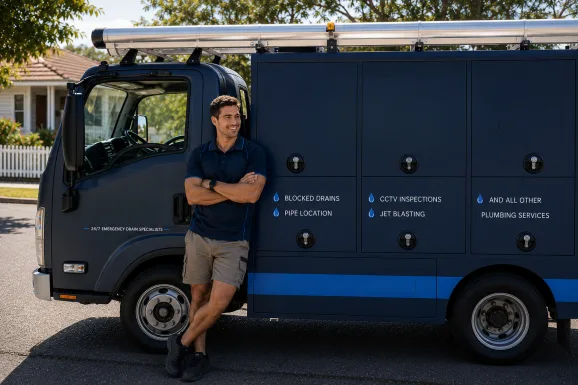 Plumber standing beside a service van in Enfield