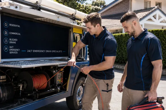 Two plumbers working on a blocked drain in Enfield