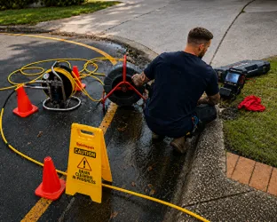 Plumber inspecting a blocked drain in Enfield
