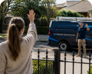 Customer waving goodbye to a Enfield Blocked Drains plumber