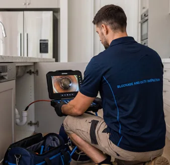 Plumber clearing a blocked toilet in a Enfield bathroom